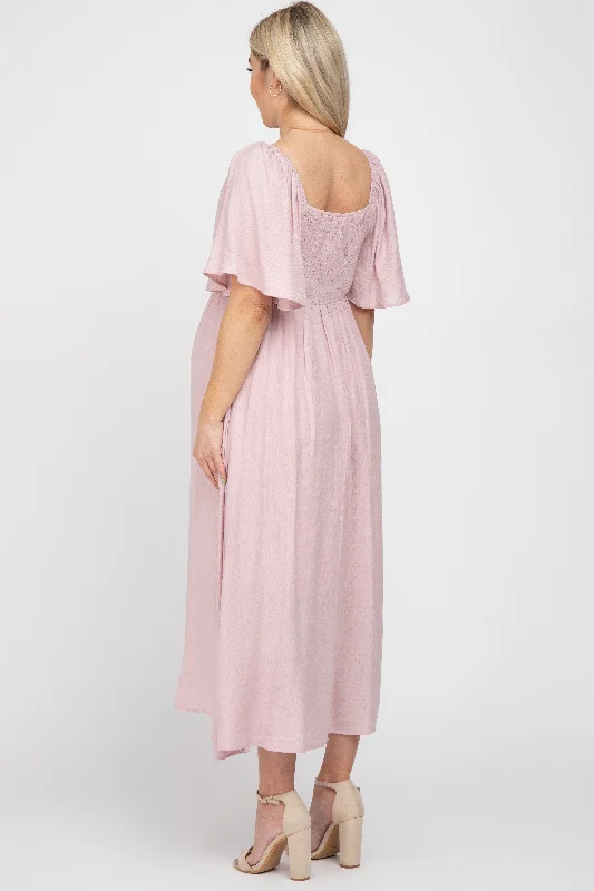 Light Pink Front Tie Ruffle Sleeve Maternity Midi Dress