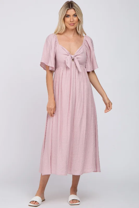 Light Pink Front Tie Ruffle Sleeve Maternity Midi Dress