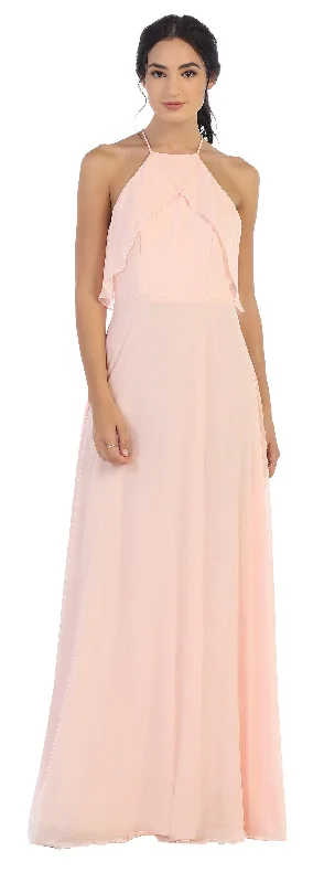 Long Bridesmaids Ruffle Halter Chiffon Dress