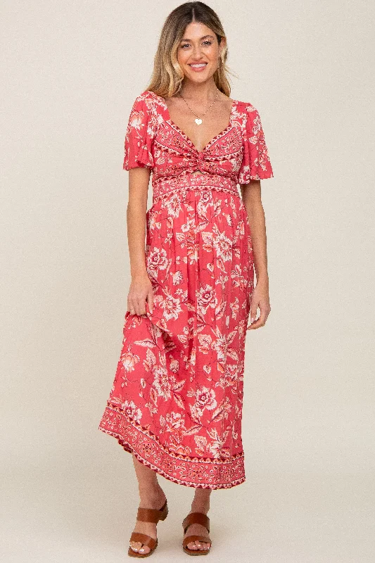 Magenta Floral Front Twist Maternity Maxi Dress