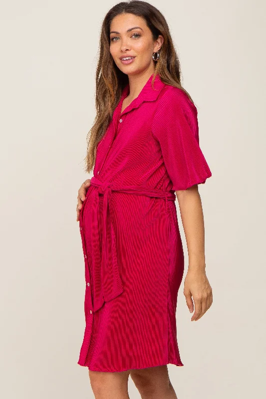 Magenta Pleated Button Front Tied Waist Maternity Dress