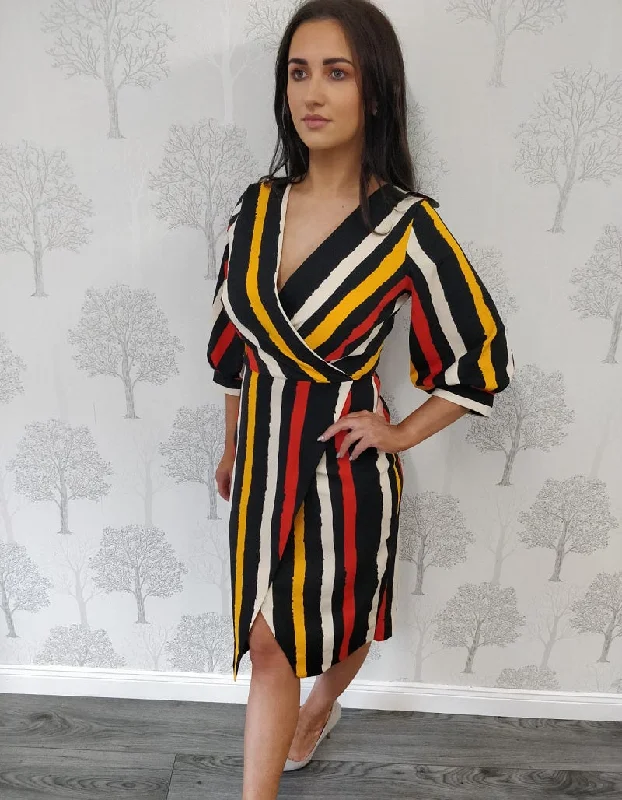 Marie Black Multi Stripe Wrap Style Dress