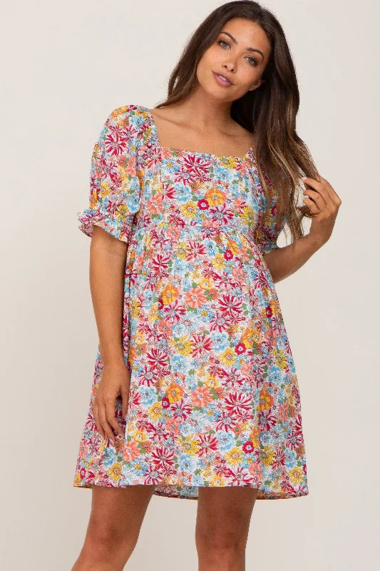 Mauve Floral Square Neck Short Puff Sleeve Maternity Dress