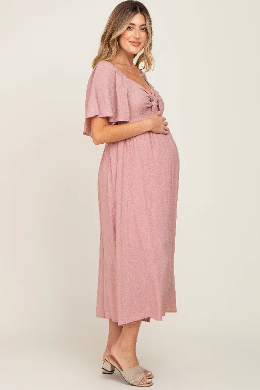 Mauve Front Tie Ruffle Sleeve Maternity Midi Dress