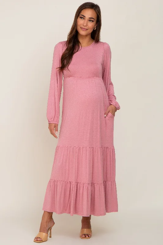 Mauve Long Sleeve Tiered Maternity Maxi Dress