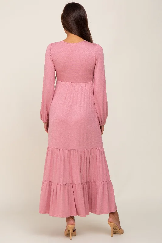 Mauve Long Sleeve Tiered Maternity Maxi Dress