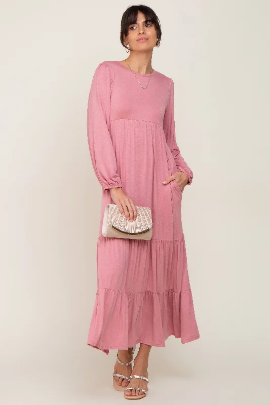 Mauve Long Sleeve Tiered Maternity Maxi Dress