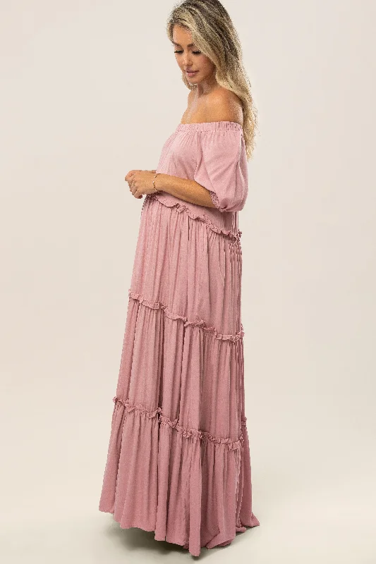 Mauve Off Shoulder Ruffle Tiered Maternity Maxi Dress