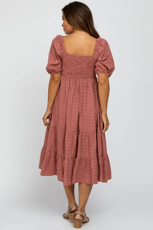 Mauve Plaid Square Neck Maternity Midi Dress