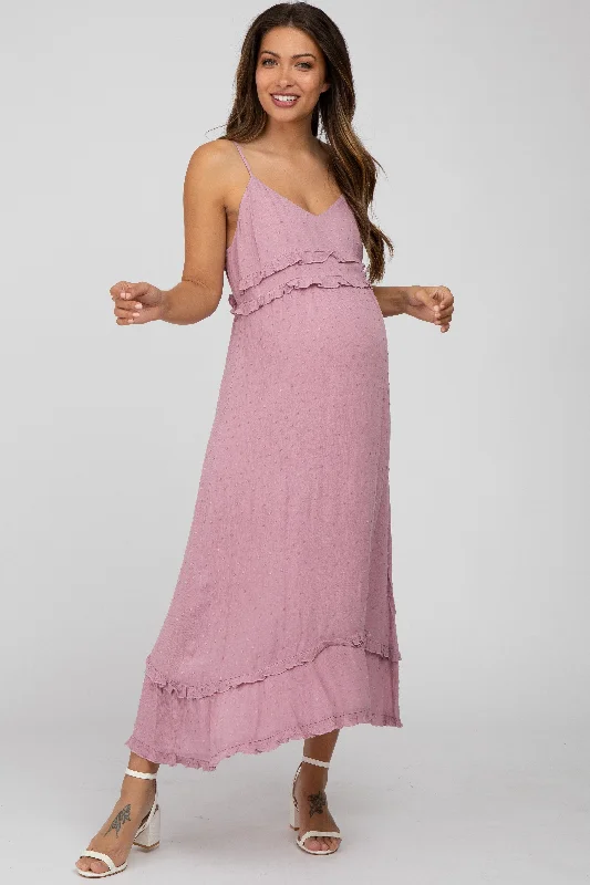 Mauve Swiss Dot Ruffle Accent Maternity Maxi Dress