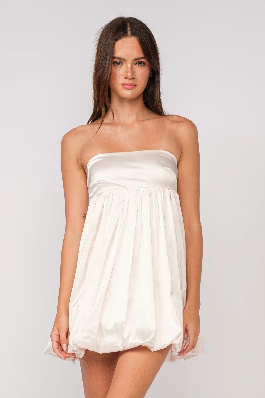 Melinda Ivory Satin Strapless Bubble Dress