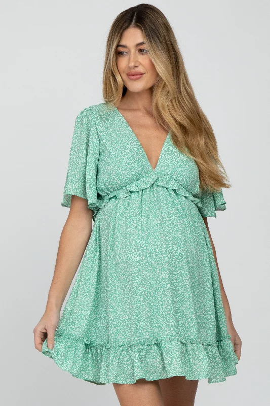 Mint Green Floral Ruffle Accent Cutout Maternity Dress