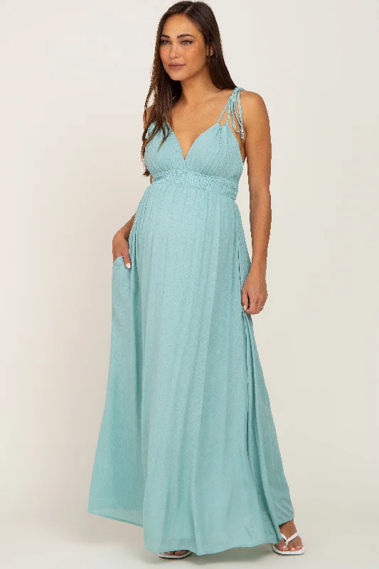 Mint Green Shoulder Tie Open Back Maternity Maxi Dress