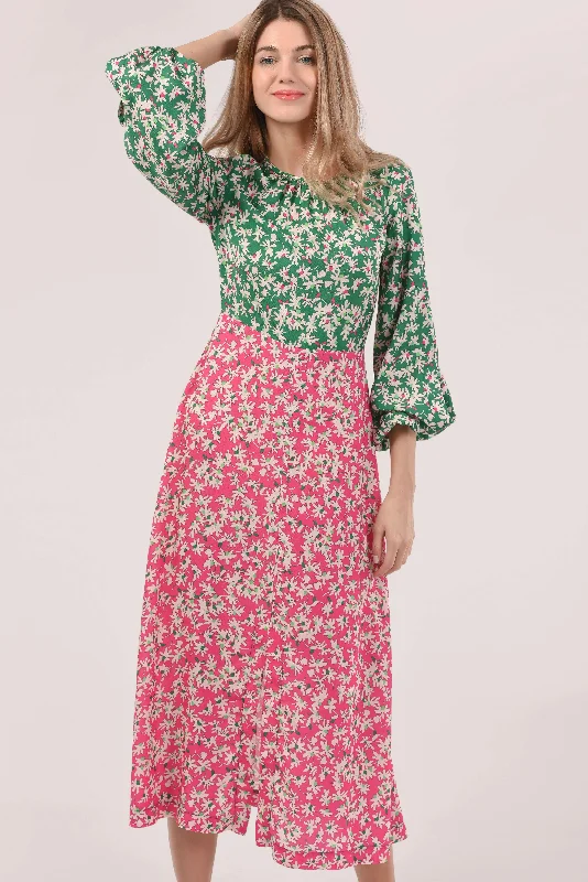 Molly Pink & Green Floral A Line Midi Dress