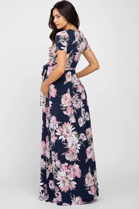 Navy Blue Floral Wrap Maternity/Nursing Maxi Dress