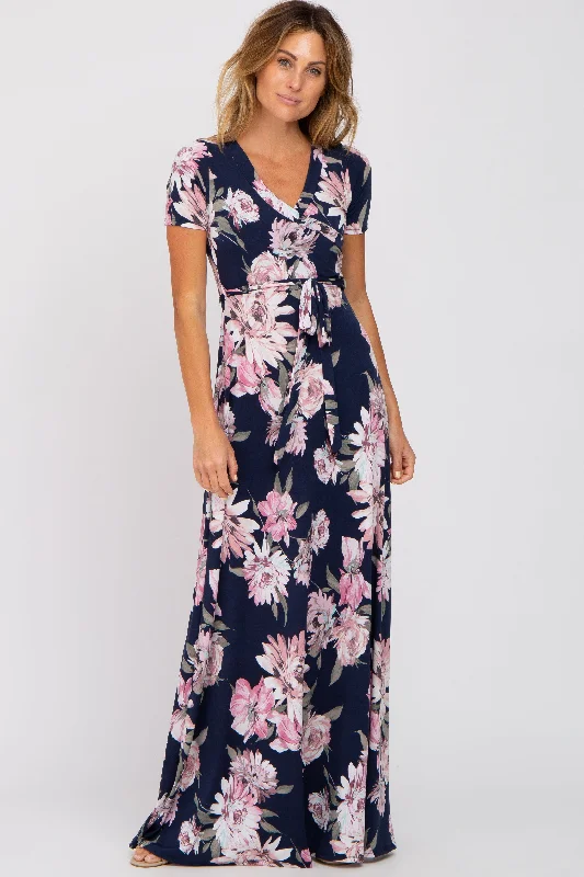 Navy Blue Floral Wrap Maternity/Nursing Maxi Dress