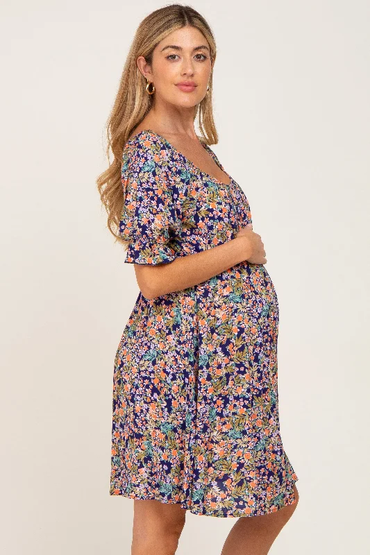 Navy Floral Cinched Short Sleeve Maternity Dress