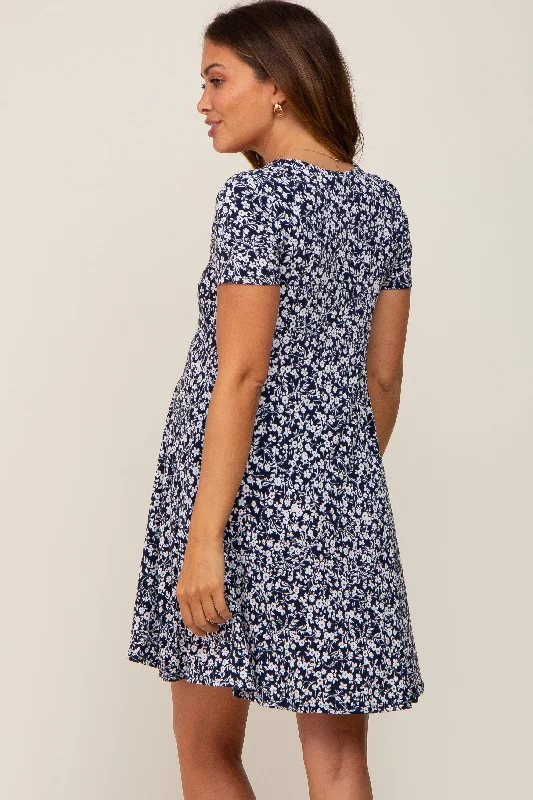 Navy Floral Short Sleeve Maternity Dress