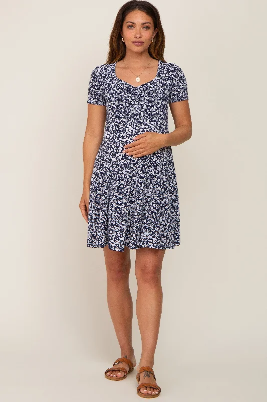 Navy Floral Short Sleeve Maternity Dress