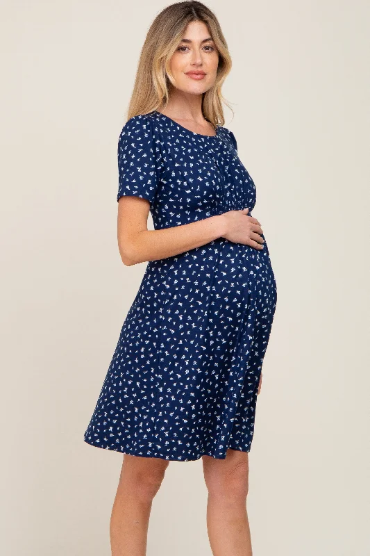 Navy Floral Smocked Short Sleeve Maternity Dress