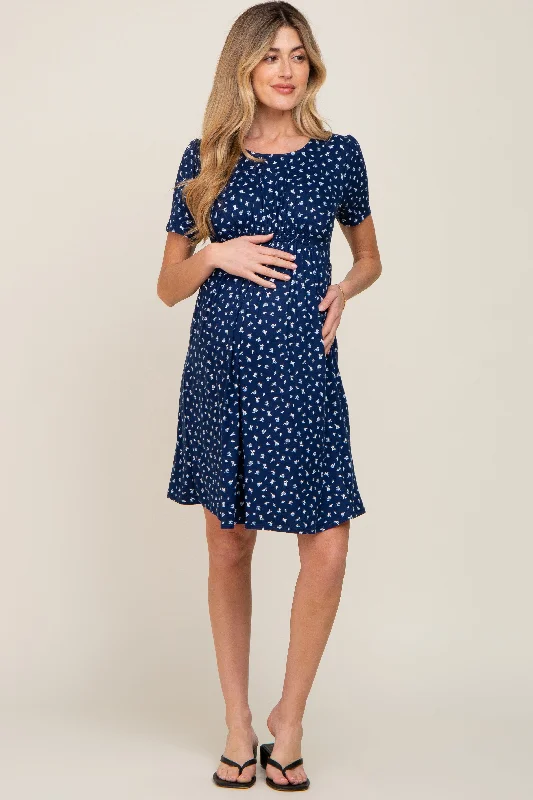 Navy Floral Smocked Short Sleeve Maternity Dress