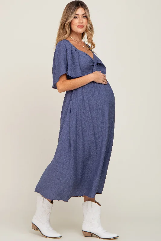 Navy Front Tie Ruffle Sleeve Maternity Midi Dress