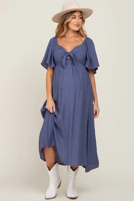 Navy Front Tie Ruffle Sleeve Maternity Midi Dress