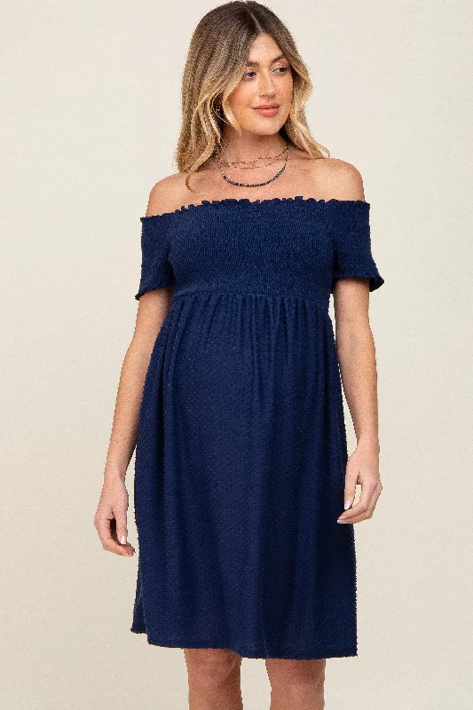 Navy Swiss Dot Off Shoulder Maternity Dress