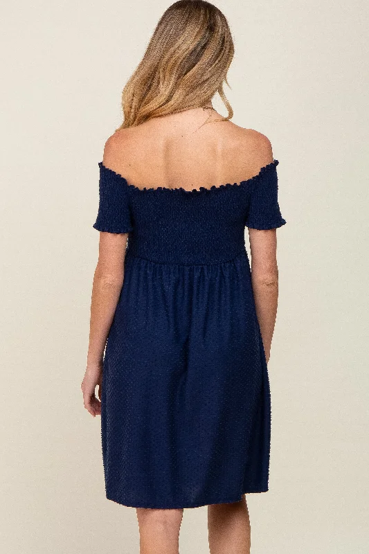 Navy Swiss Dot Off Shoulder Maternity Dress