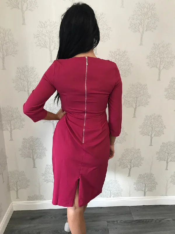 Nicky Magenta 3/4 Sleeve Ruched Pencil Dress