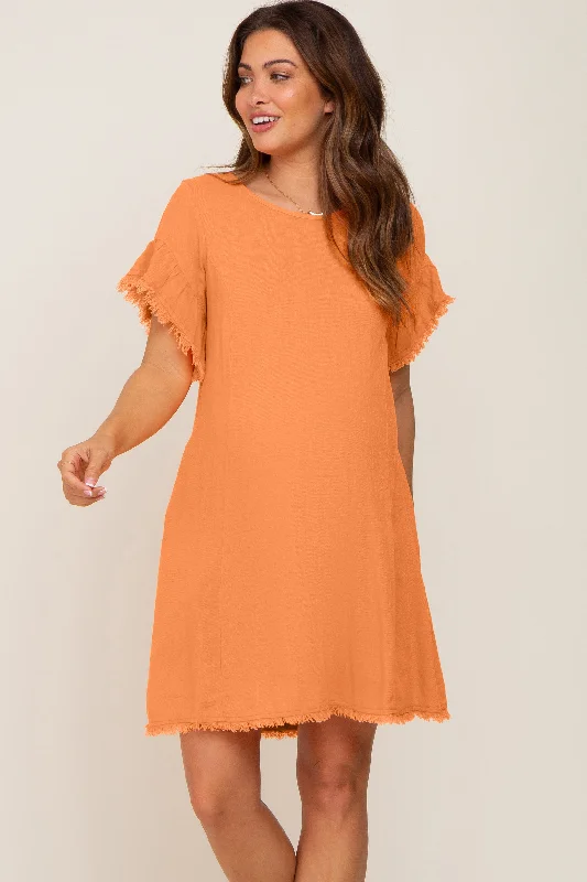 Orange Frayed Trim Back Keyhole Linen Maternity Dress