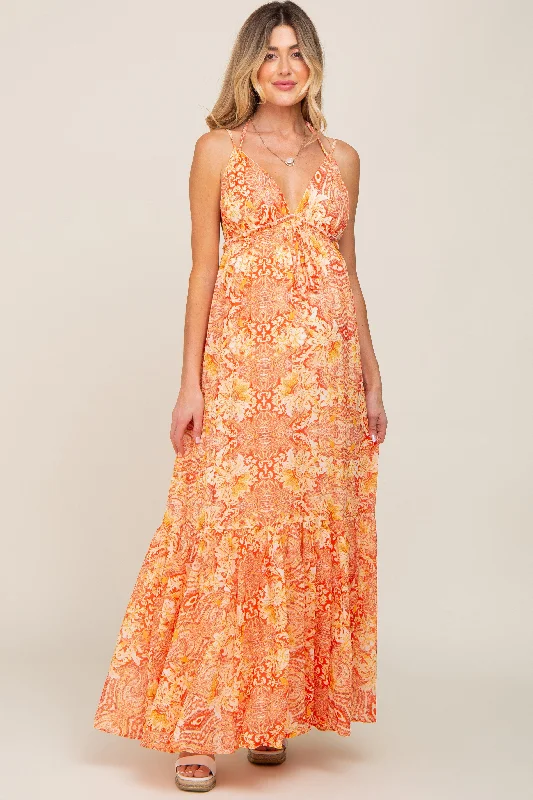 Orange Printed Halter Maternity Dress