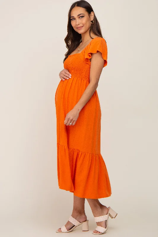 Orange Smocked Ruffle Hem Maternity Midi Dress