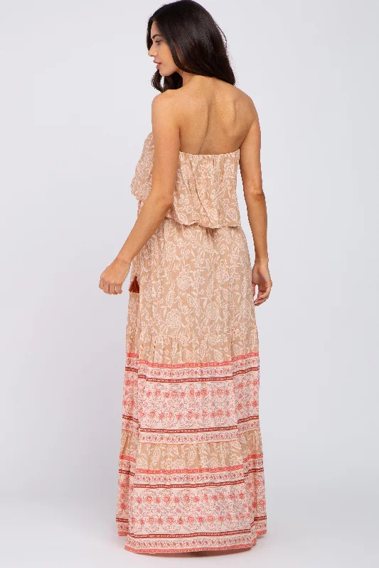 Peach Floral Ruffle Layered Strapless Maternity Maxi Dress