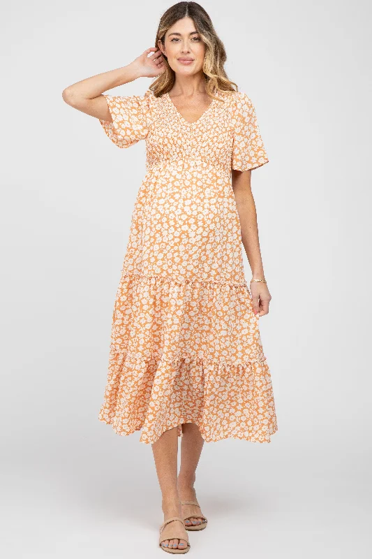 Peach Floral Tiered Maternity Midi Dress