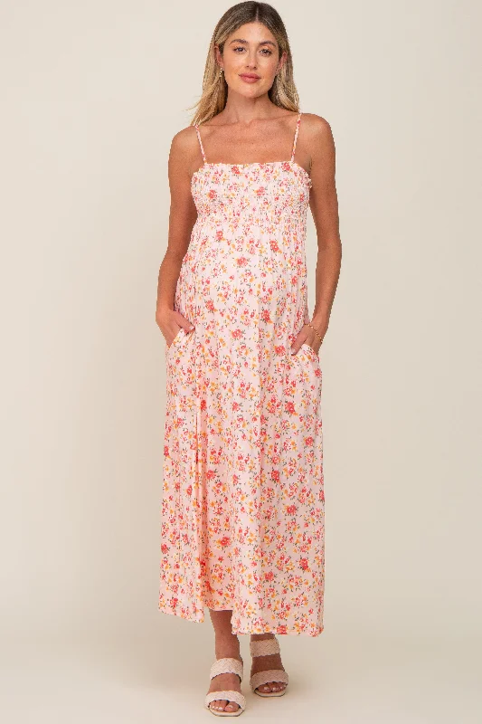 Peach Square Neck Smocked Maternity Midi Dress