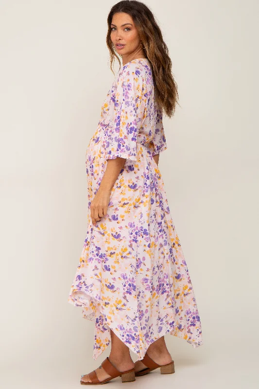 Pink Floral Flowy Short Sleeve Maternity Maxi Dress