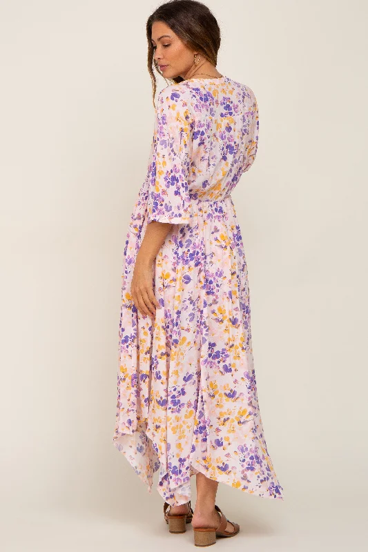 Pink Floral Flowy Short Sleeve Maternity Maxi Dress