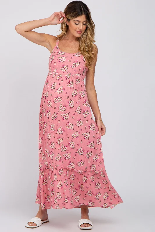 Pink Floral Maternity Maxi Dress