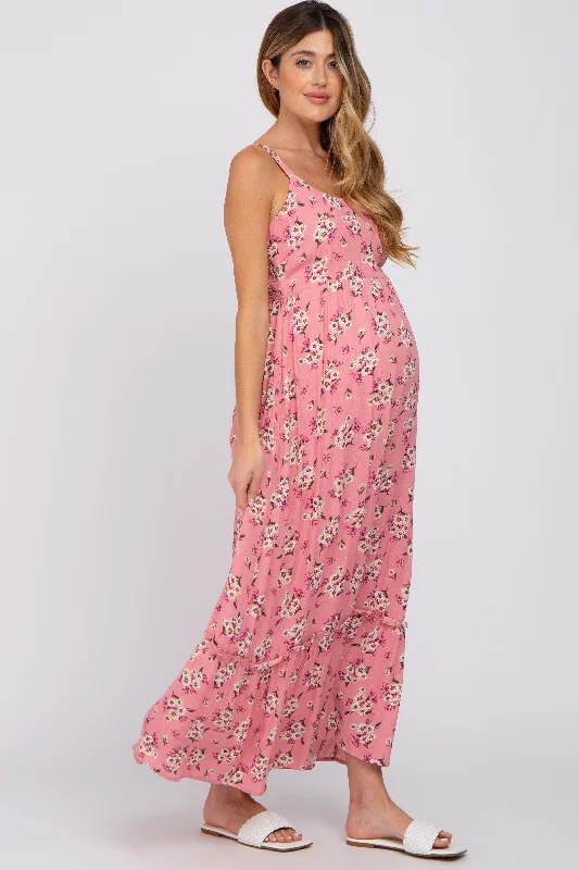 Pink Floral Maternity Maxi Dress