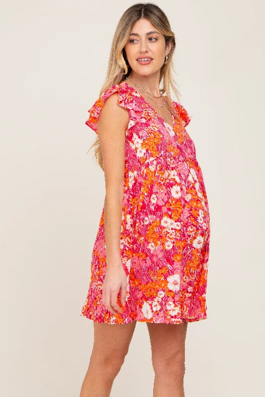 Pink Floral Ruffle Sleeve Babydoll Maternity Dress