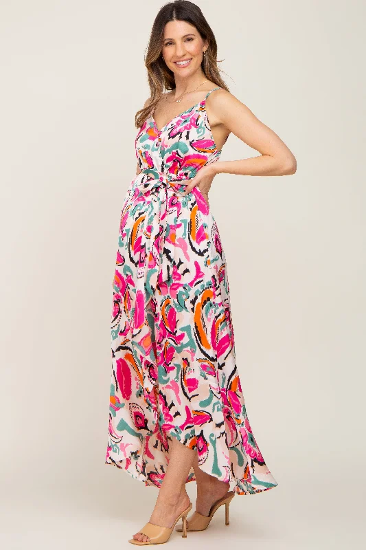 Pink Printed Flounce Maternity Wrap Dress