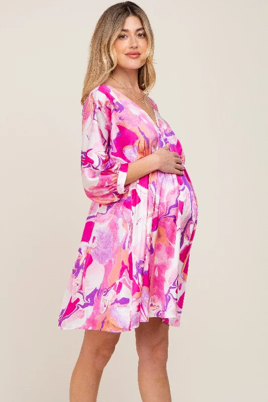 Pink Swirl Print Satin Babydoll Maternity Dress