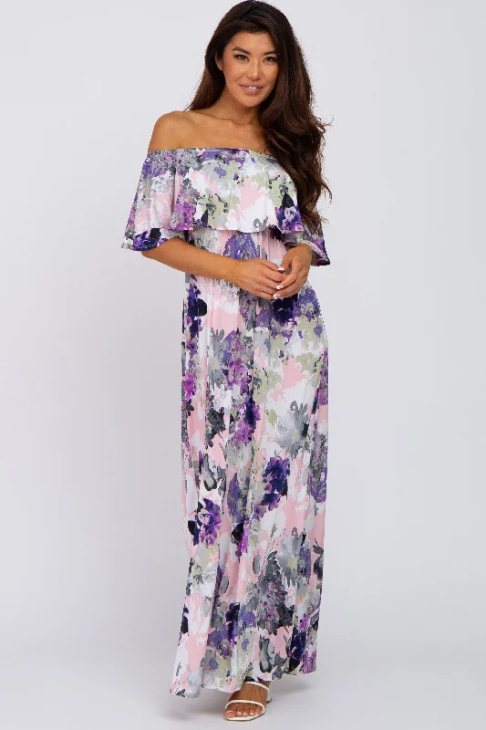 Purple Floral Ruffle Off Shoulder Maternity Maxi Dress