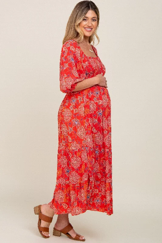 Red Floral Smocked Square Neck Tiered Maternity Midi Dress