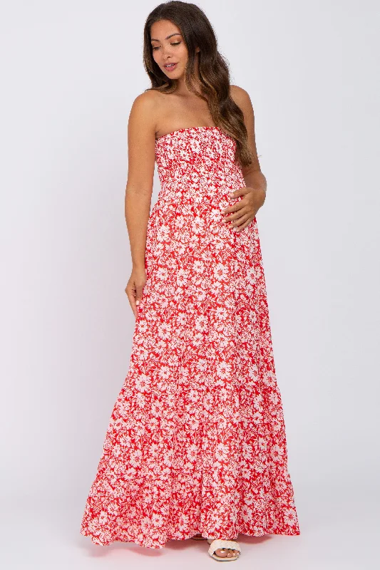 Red Floral Strapless Smocked Maternity Maxi Dress