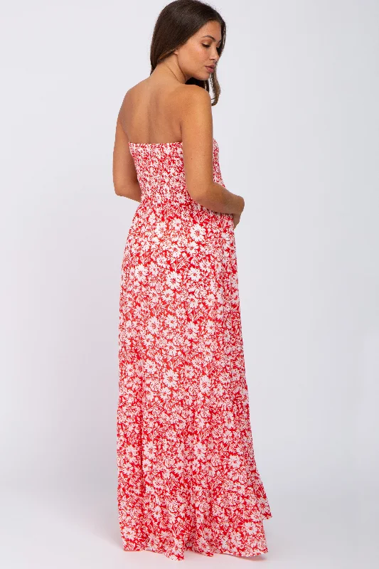 Red Floral Strapless Smocked Maternity Maxi Dress