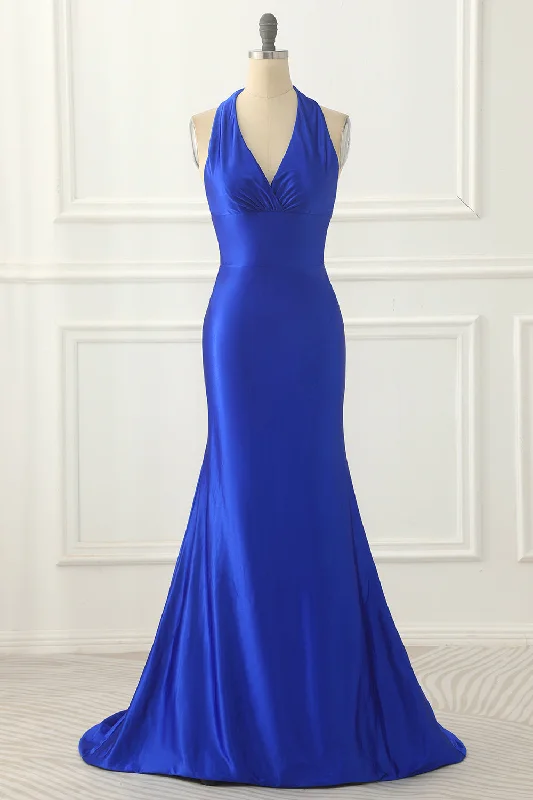 Royal Blue Halter Satin Prom Dress with Bow