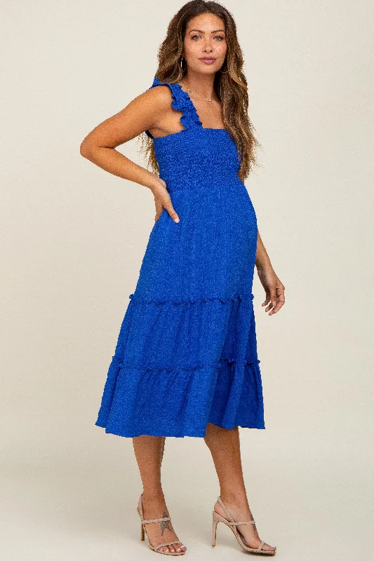 Royal Smocked Square Neck Ruffle Strap Tiered Maternity Midi Dress