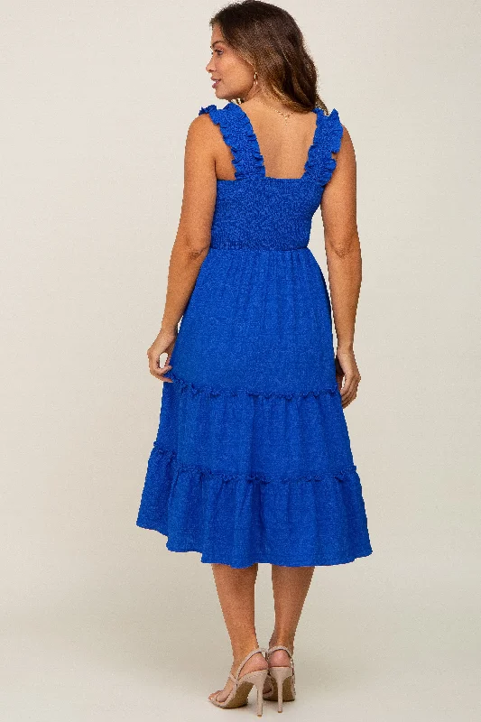 Royal Smocked Square Neck Ruffle Strap Tiered Maternity Midi Dress